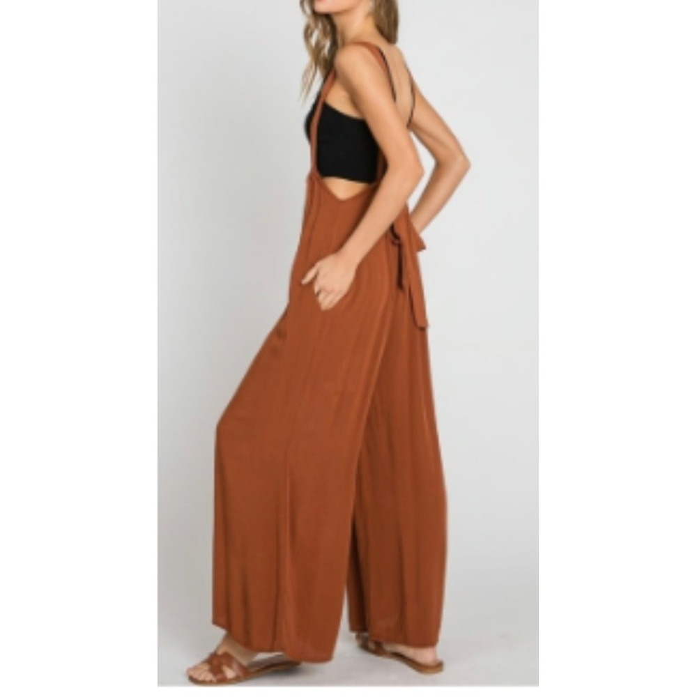 Zenana Rust Tie Back Suspender Jumpsuit Wide Leg Pockets Boho Oversized Medium - Picture 2 of 11